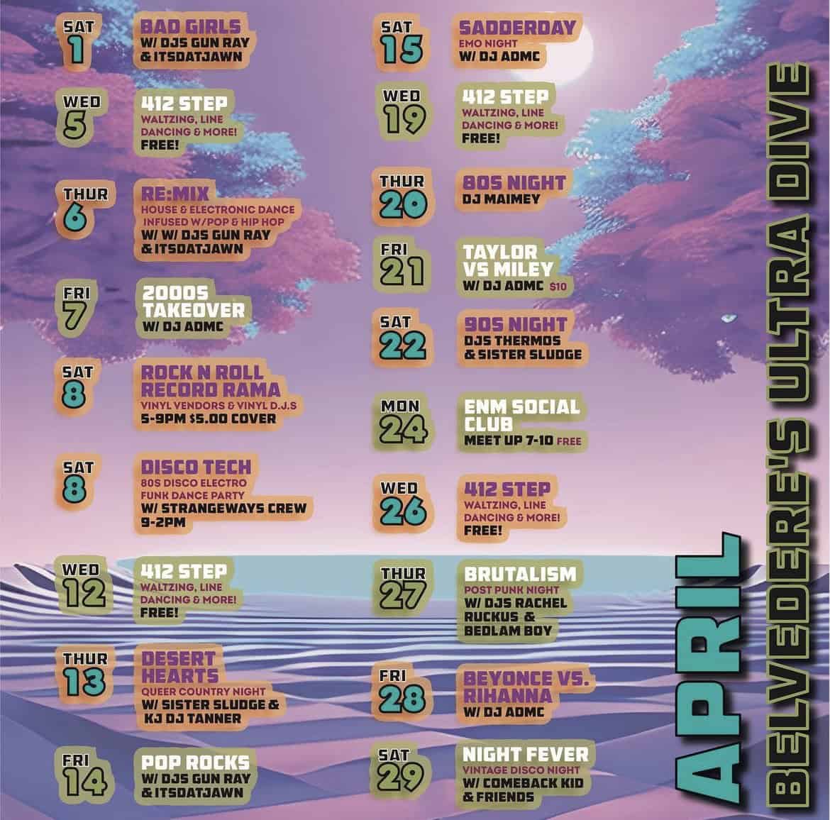 Belvedere’s Ultra-Dive's schedule for April 2023.