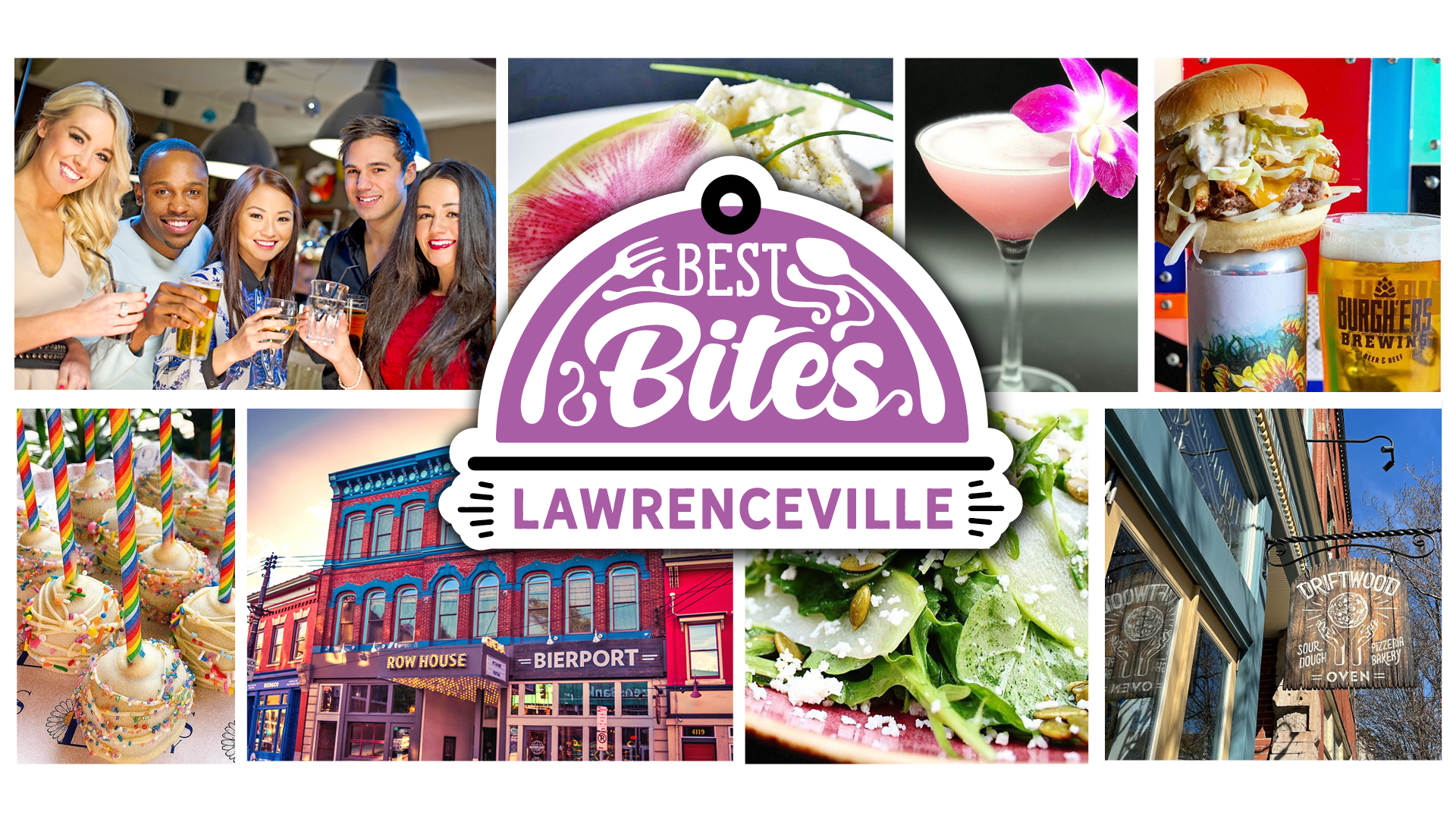 A graphic that says "Best Bites Lawrenceville" and features photos of foods, drinks, and a few Lawrenceville restaurants.