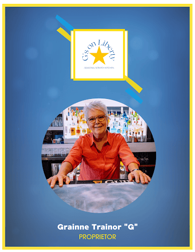 A graphic with a photo of Grainne Trainor, or "G", the proprietor of G's.