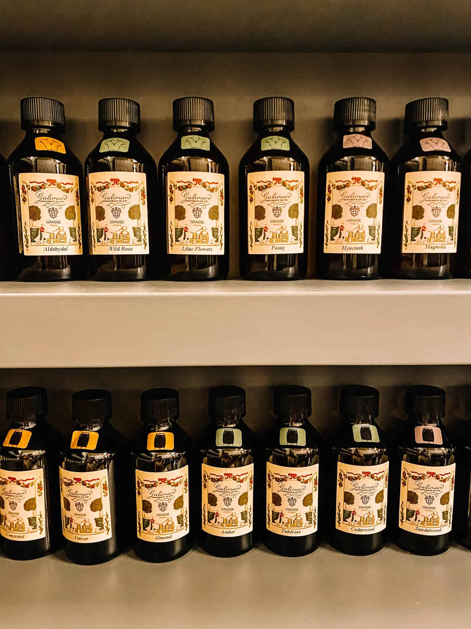 A photo of shelves of fragrances at Galimard.