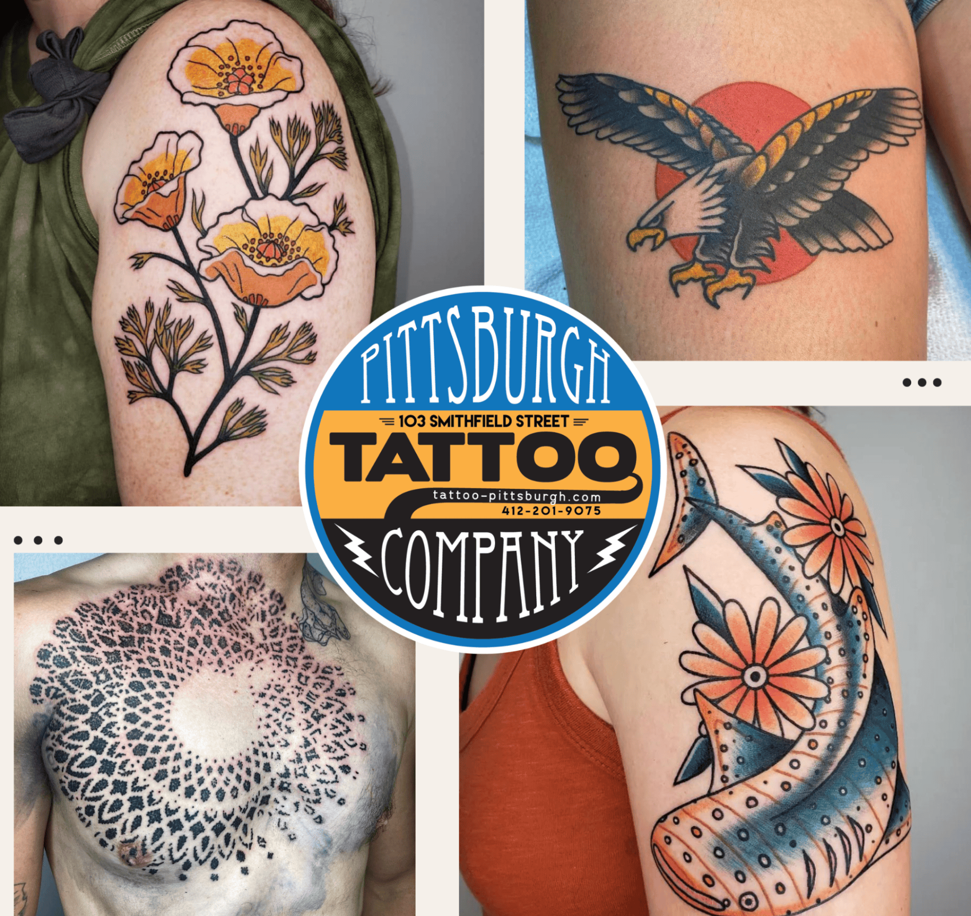 A photo of four unique tattoos done at Pittsburgh Tattoo Company.