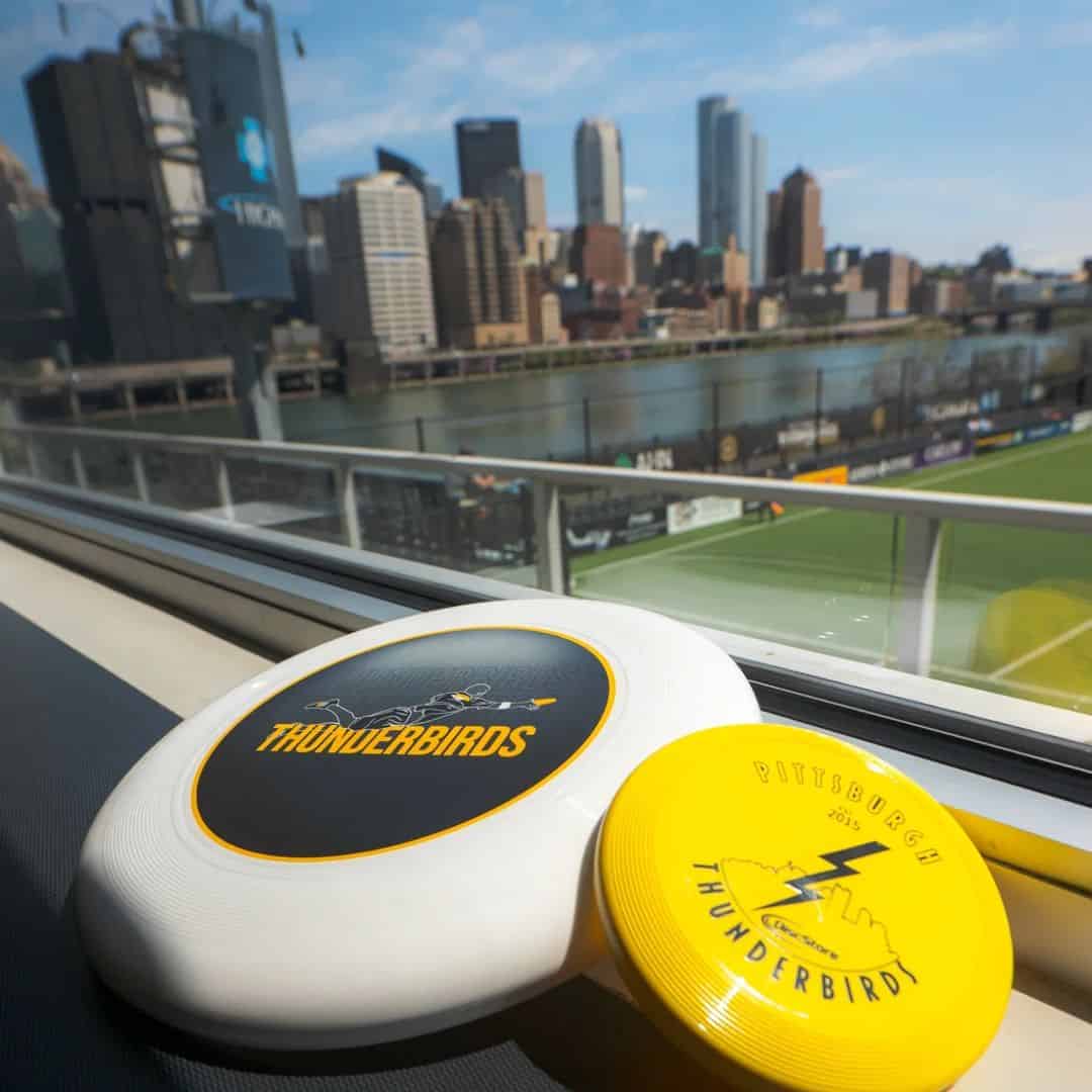 A photo with two ultimate frisbee discs in the foreground and the city of Pittsburgh in the background.