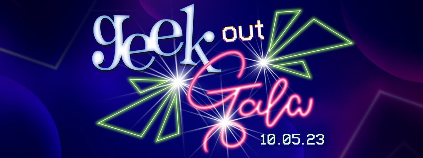 The Geek out Gala logo and the date of 10.05.23 on a purple backdrop. The design has 80s and early 90s design elements and neon colors.