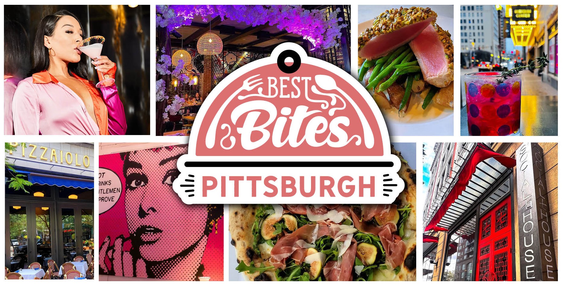 The Best Bites Pittsburgh logo on top of colorful photos of restaurants, drinks, and food.