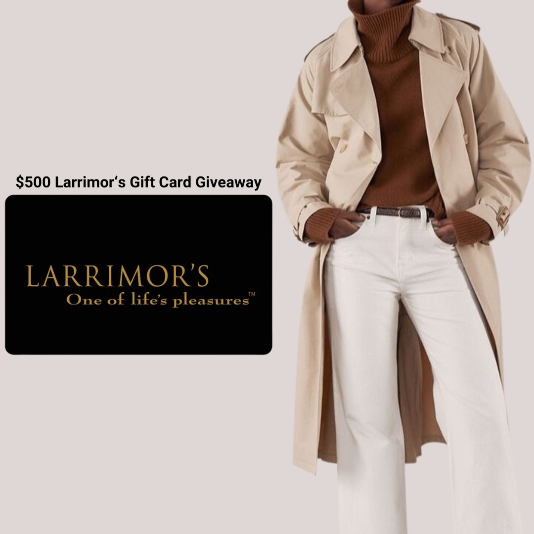 A photo of an outfit available at Larrimor's, with a graphic about the $500 Larrimor's gift card giveaway.