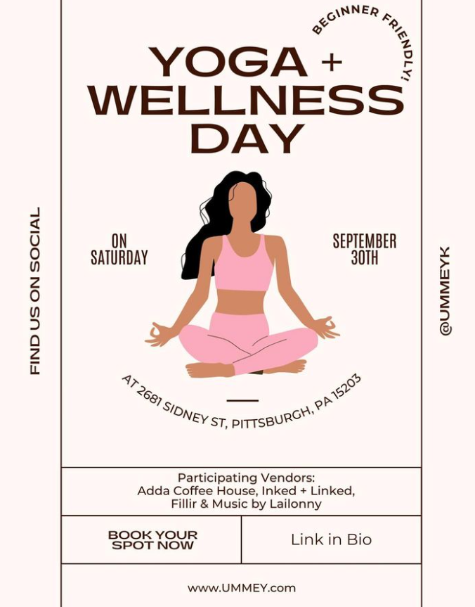 A graphic advertising the UMMEY Yoga + Wellness Day on Saturday, September 30th.