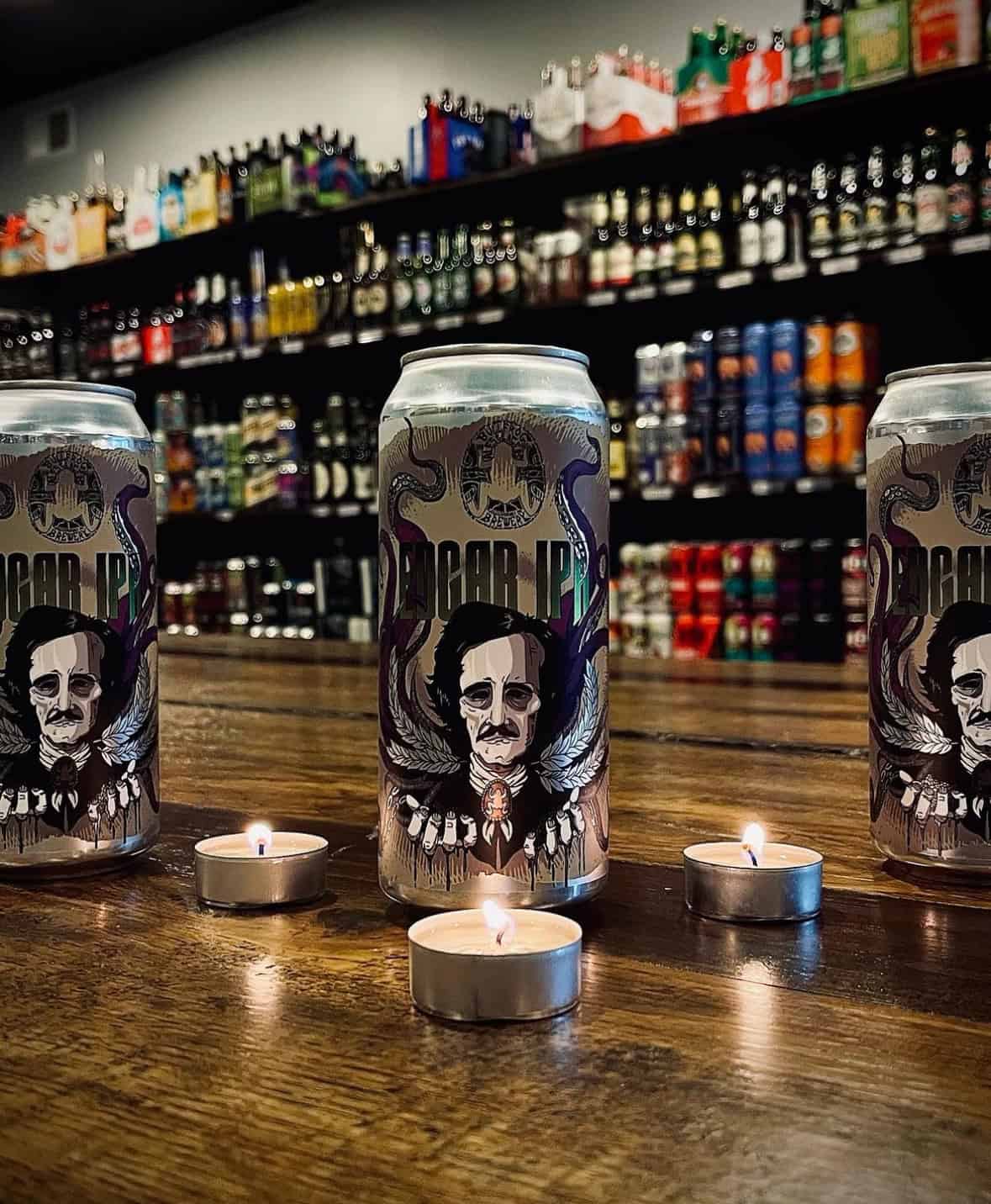 A photo of cans of a seasonal beer at P'Vino called the Edgar IPA.