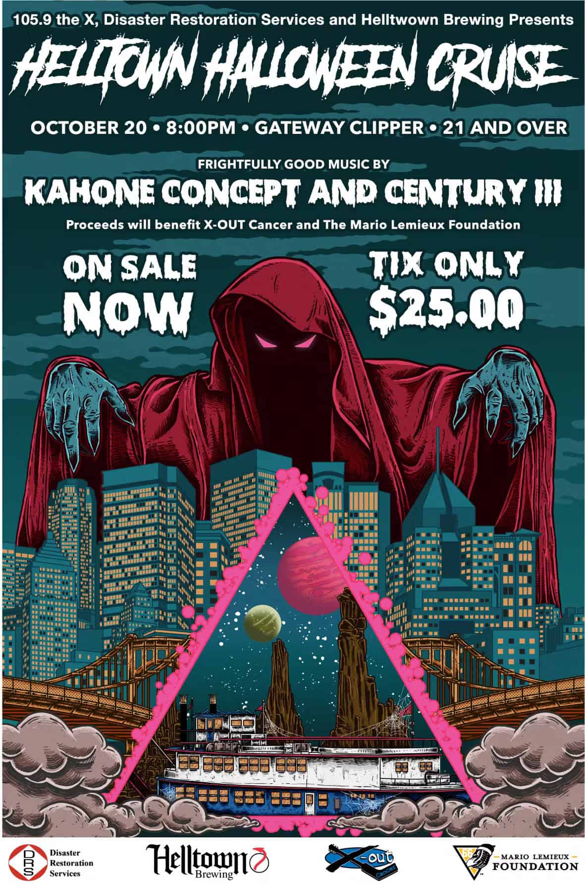 The graphic for the Helltown Halloween Cruise with date and time information, ticket cost, and a design of a reaper looming over the city and the Gateway Clipper.