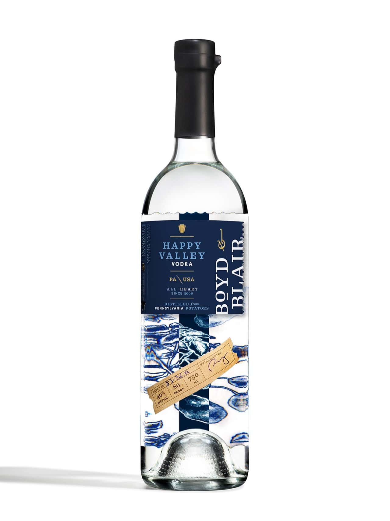 A photo of the front of the Happy Valley Vodka bottle.