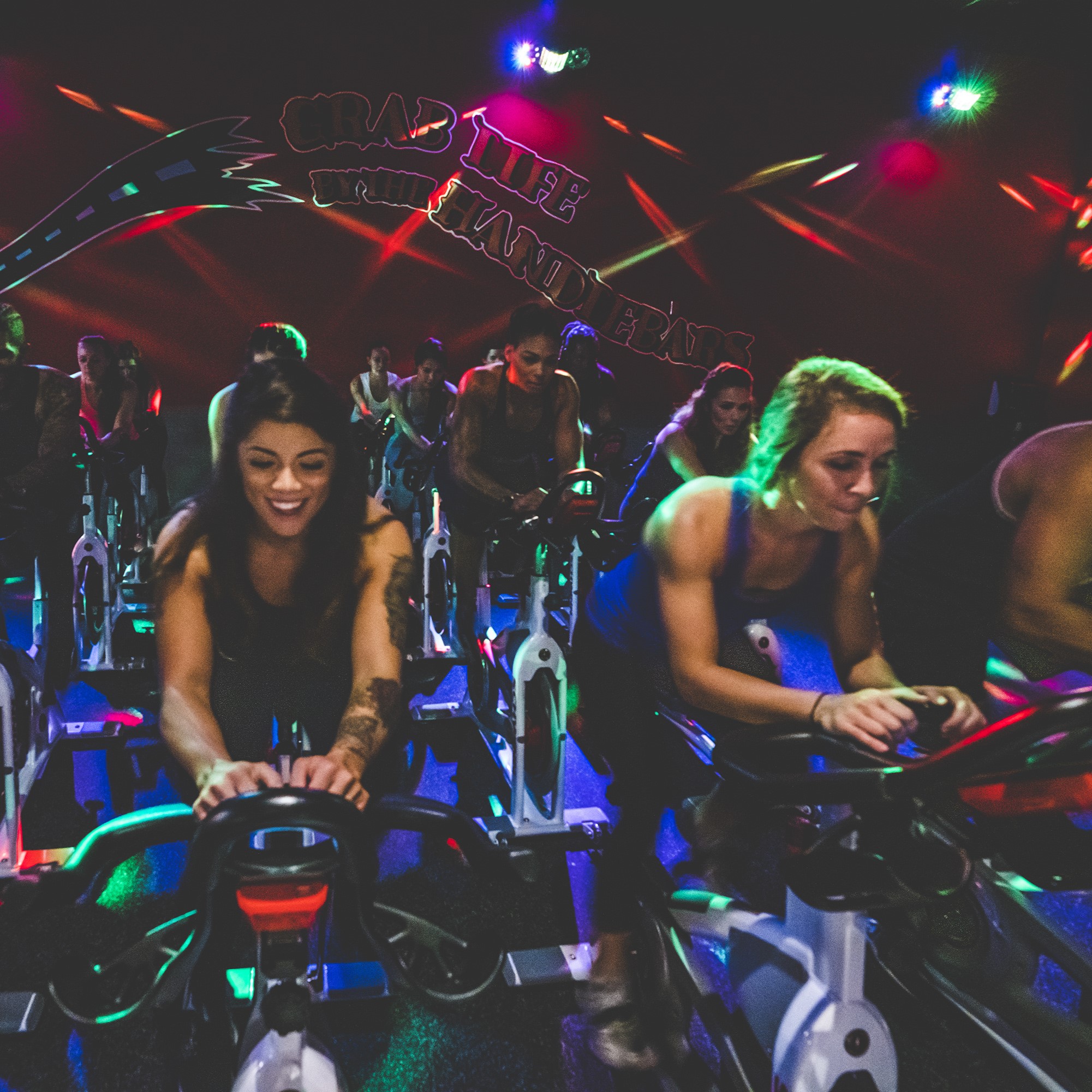 A group spin class at Crunch Fitness.
