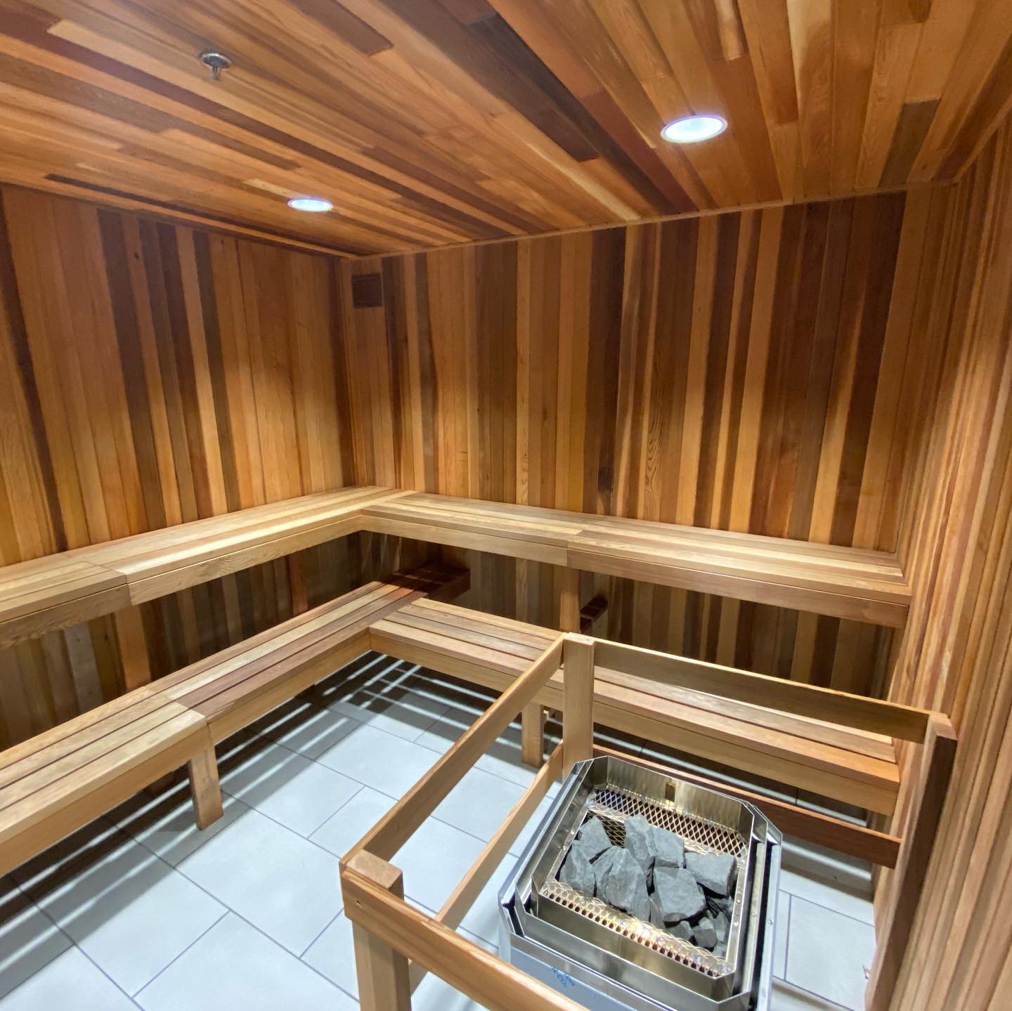 A sauna room at Crunch Fitness.