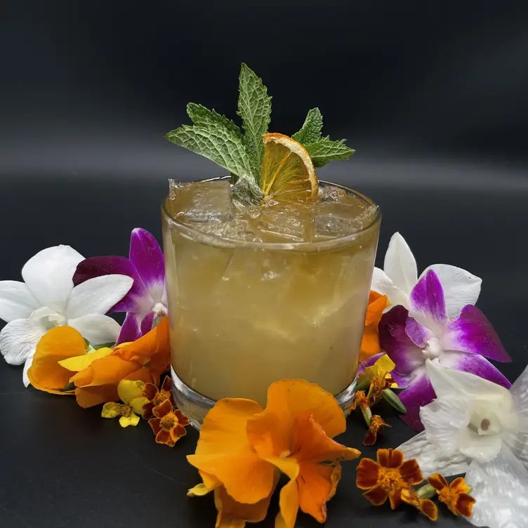 A photo of a tropical cocktail available at Yuzu Kitchen in downtown Pittsburgh.