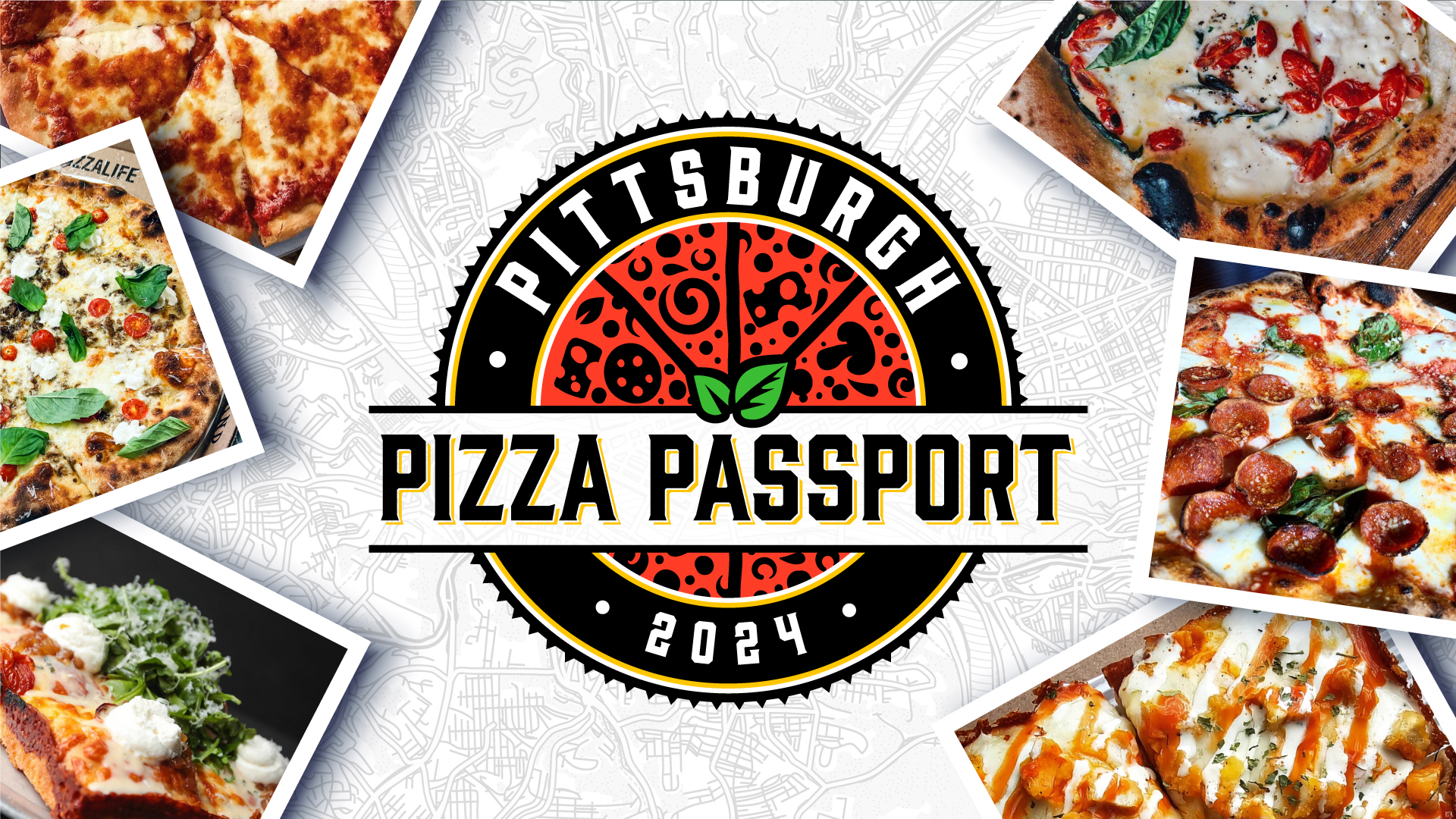 A graphic for the Pittsburgh Pizza Passport tour. The logo looks like a stamp with "Pittsburgh Pizza Passport 2024." The background is white with a map in grey and photos of pizza surround the logo.