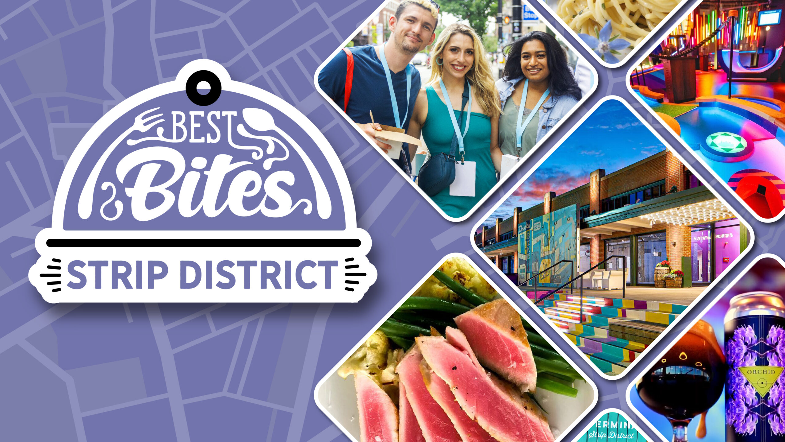 The Best Bites Strip District graphic. The background is a periwinkle map, with the Best Bites Strip District logo and photos of the Terminal, food, and people overlaid on top.