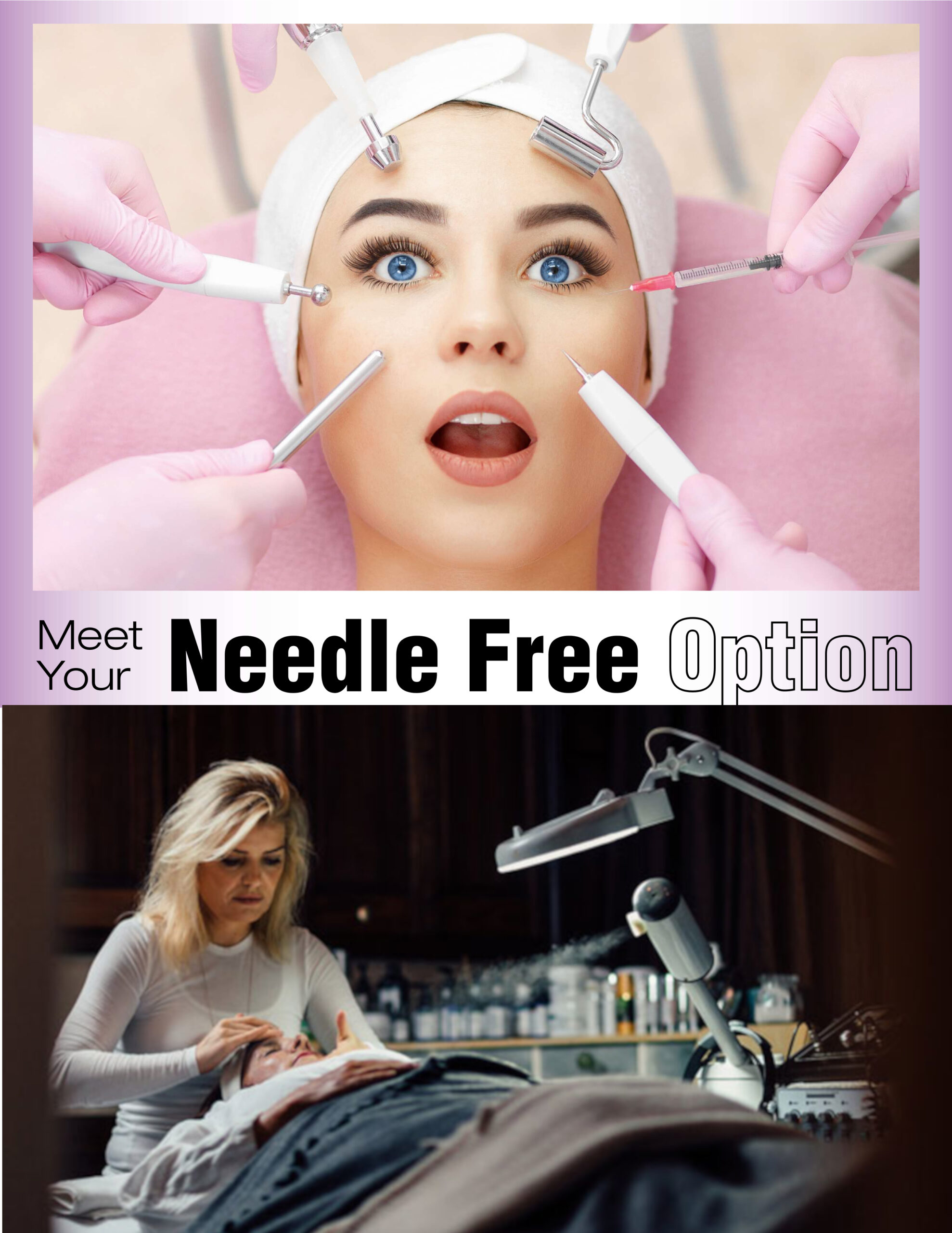 A graphic that says "Meet Your Needle Free Option" above a photo of a woman performing a facial at EsSpa Organic Hungarian Skincare+Salon, a med spa in Pittsburgh.