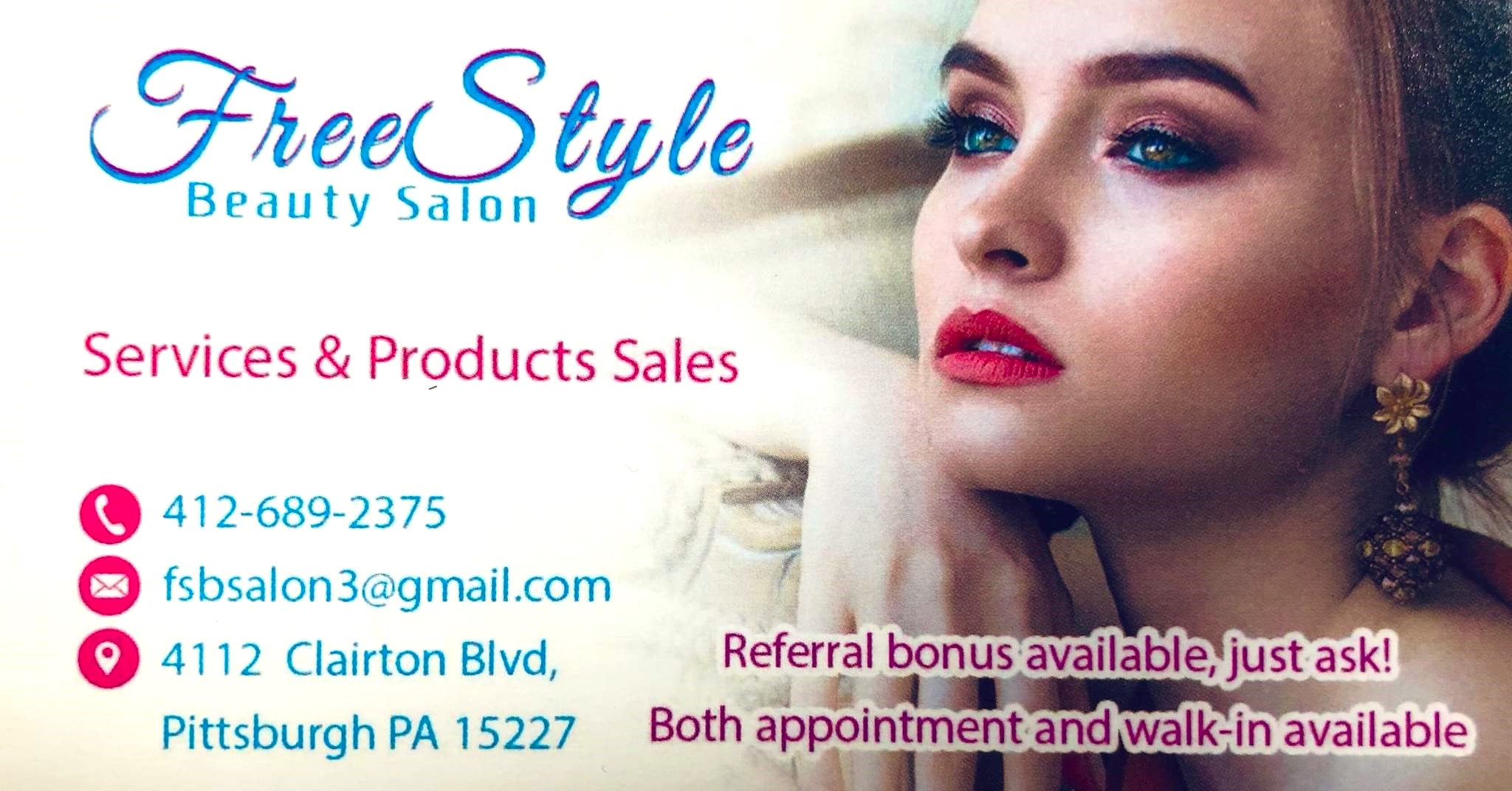 A graphic showing information about FreeStyle Beauty Salon.