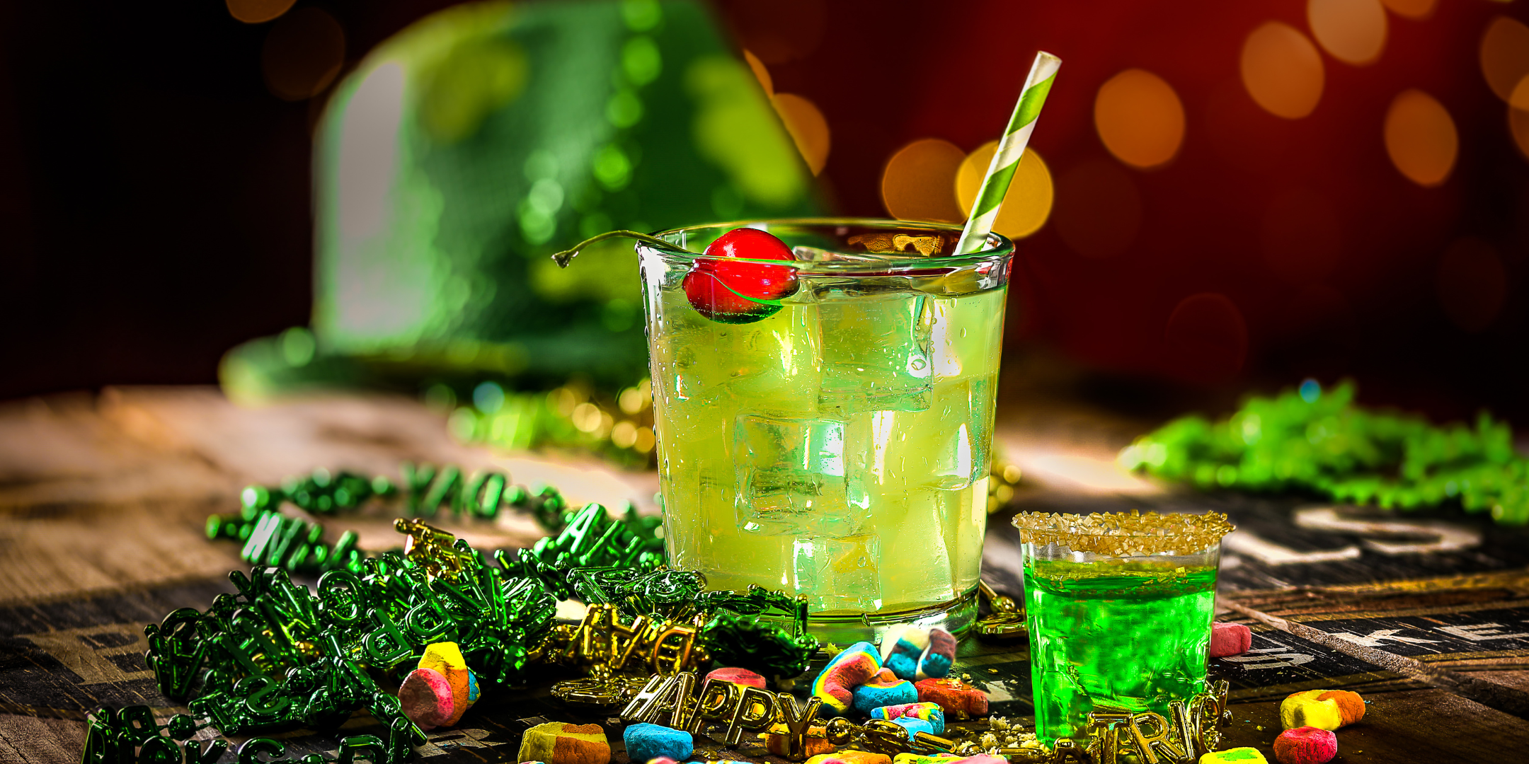 A light green cocktail surrounded by St. Patrick's Day decorations and a green shot. Visit the PA Market to learn how to make this St. Patrick's Day cocktail.