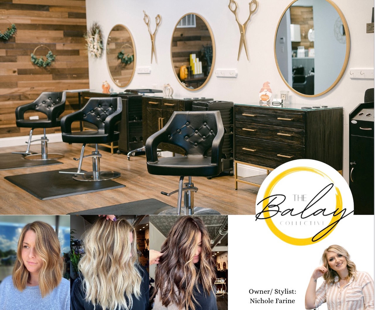 A graphic showing different hair styles and salon chairs at The Balay Collective,  one of the best Pittsburgh beauty spots.