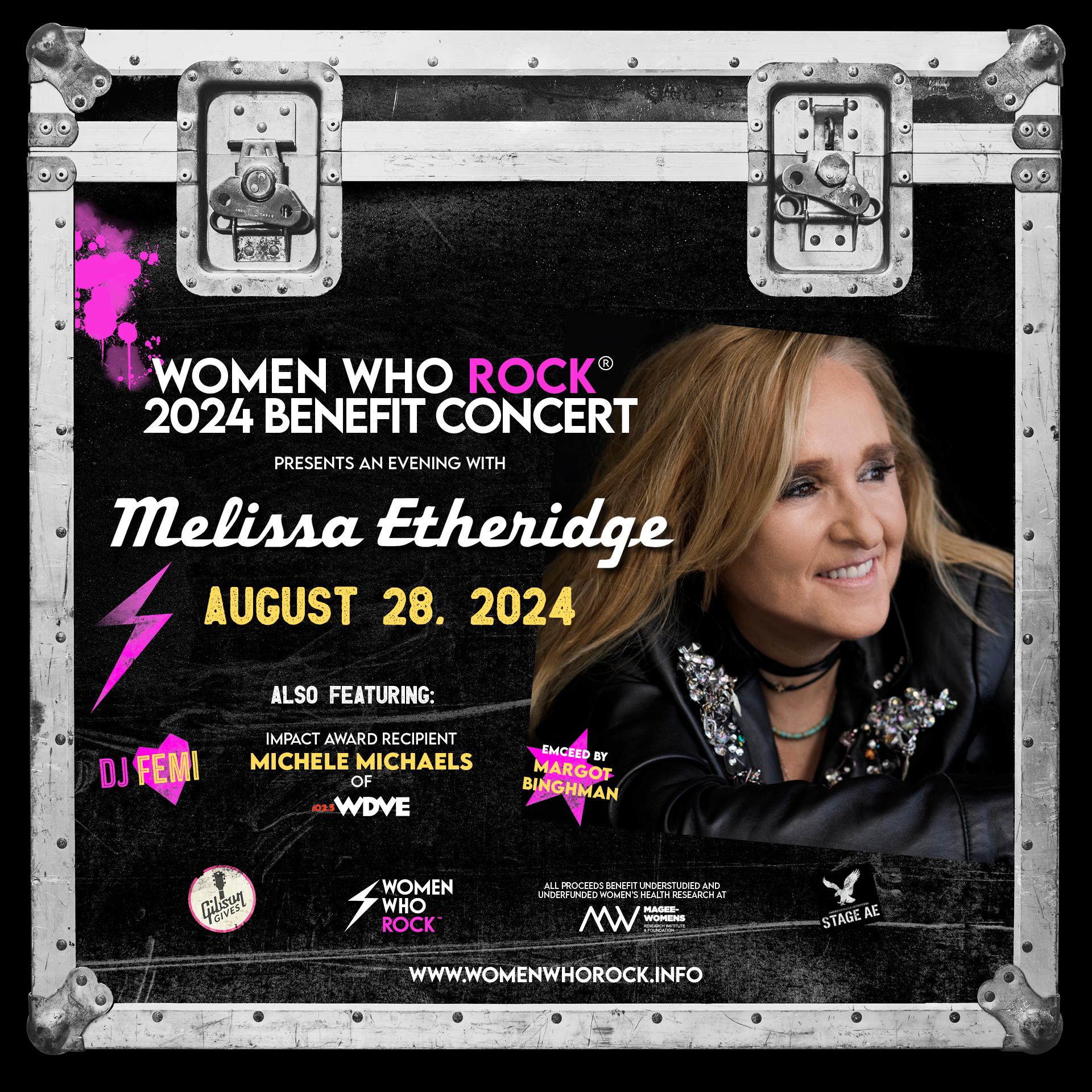 The graphic for the Women Who Rock 2024 Benefit Concert. It has a photo of Melissa Etheridge, her name, and the other featured women and sponsors mentioned in this article.