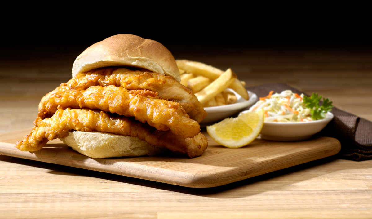 A stacked fish sandwich available at Wholey's Market.
