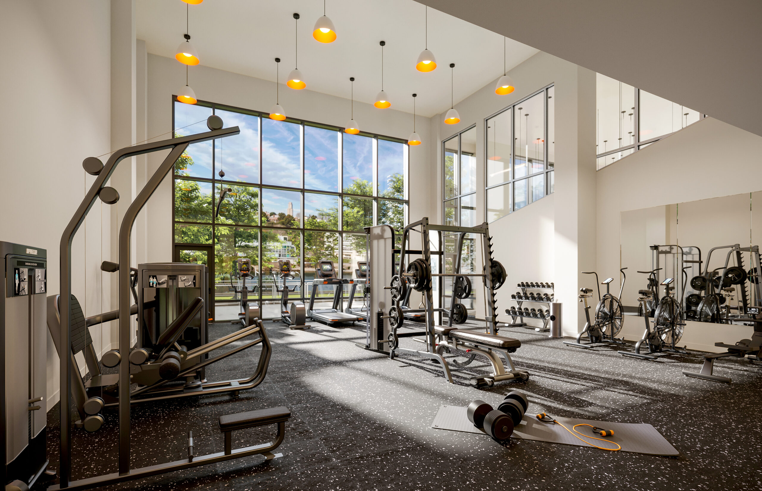 A photo of the gym area at the Park apartments at SouthSide Works.