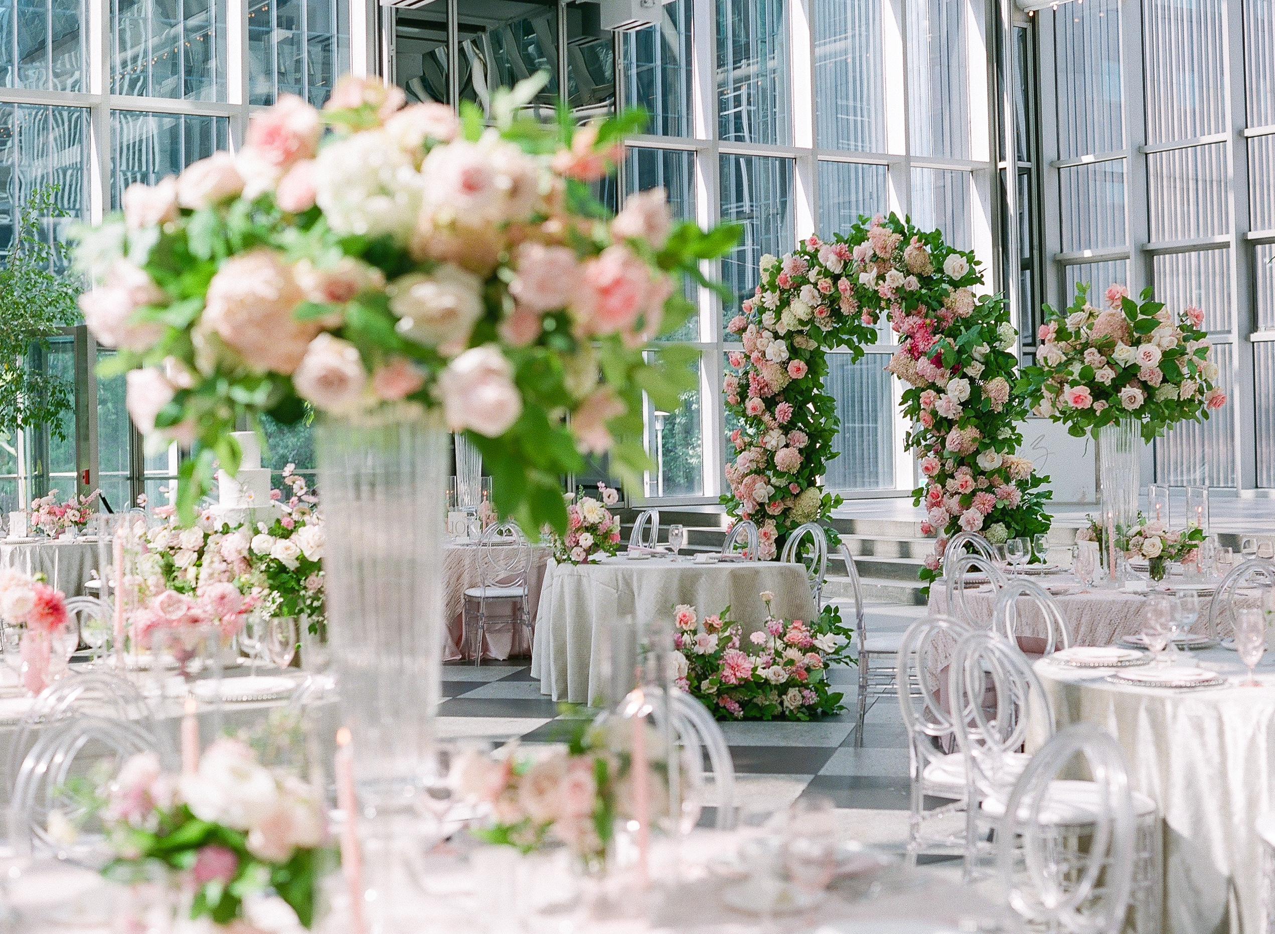 A photo of spring flowers set for a wedding at PPG Plaza.
