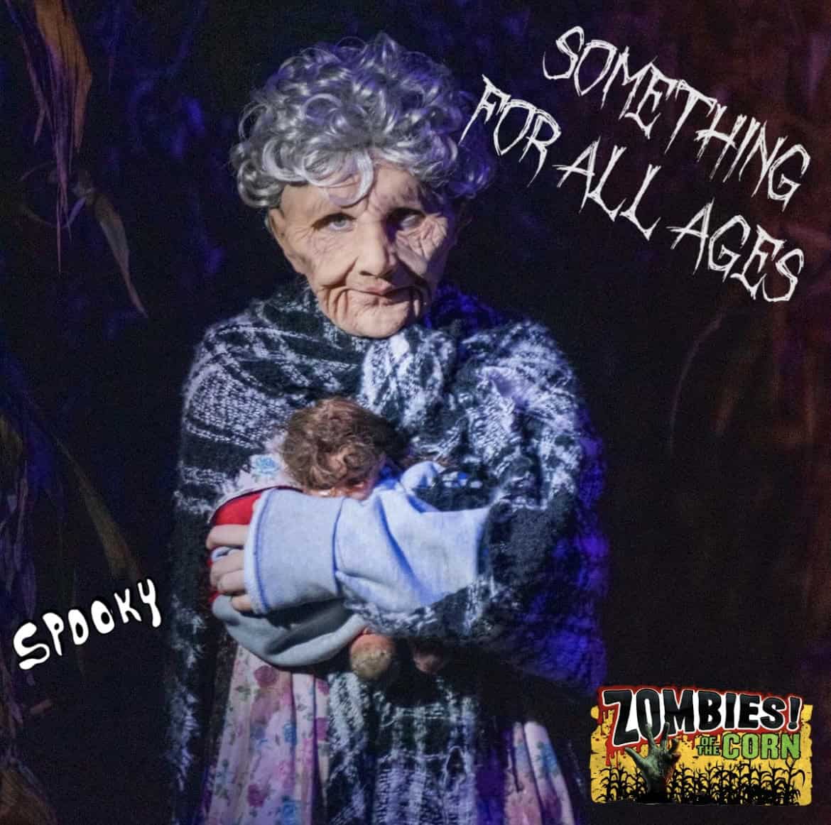 A photo of a scare actor dressed as an old woman at Zombies of the Corn.