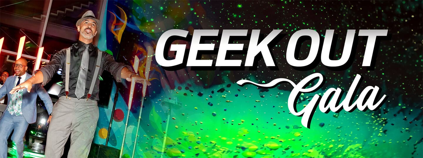 A photo of people dancing at the Geek Out Gala, with "Geek Out Gala" on top of the photo, lit with bright neon green.