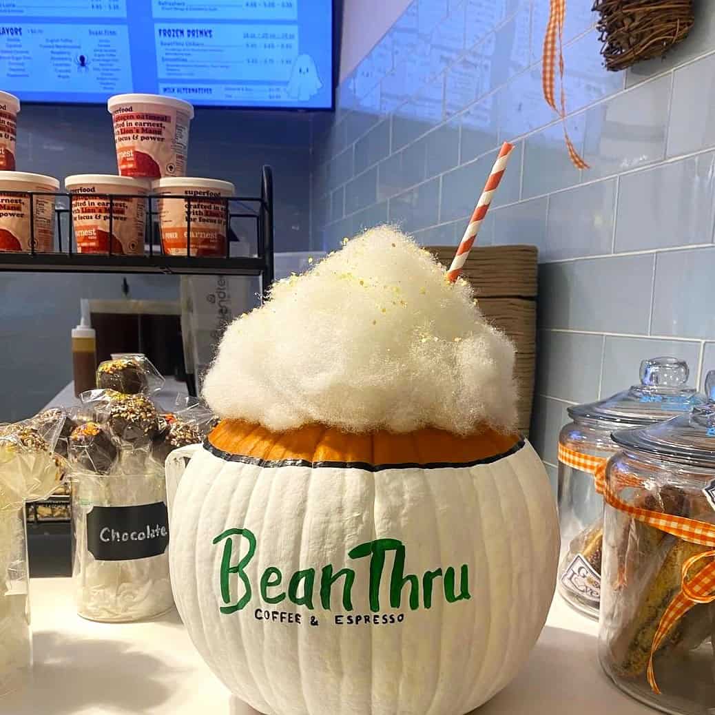 A photo of a decorated pumpkin at BeanThru.