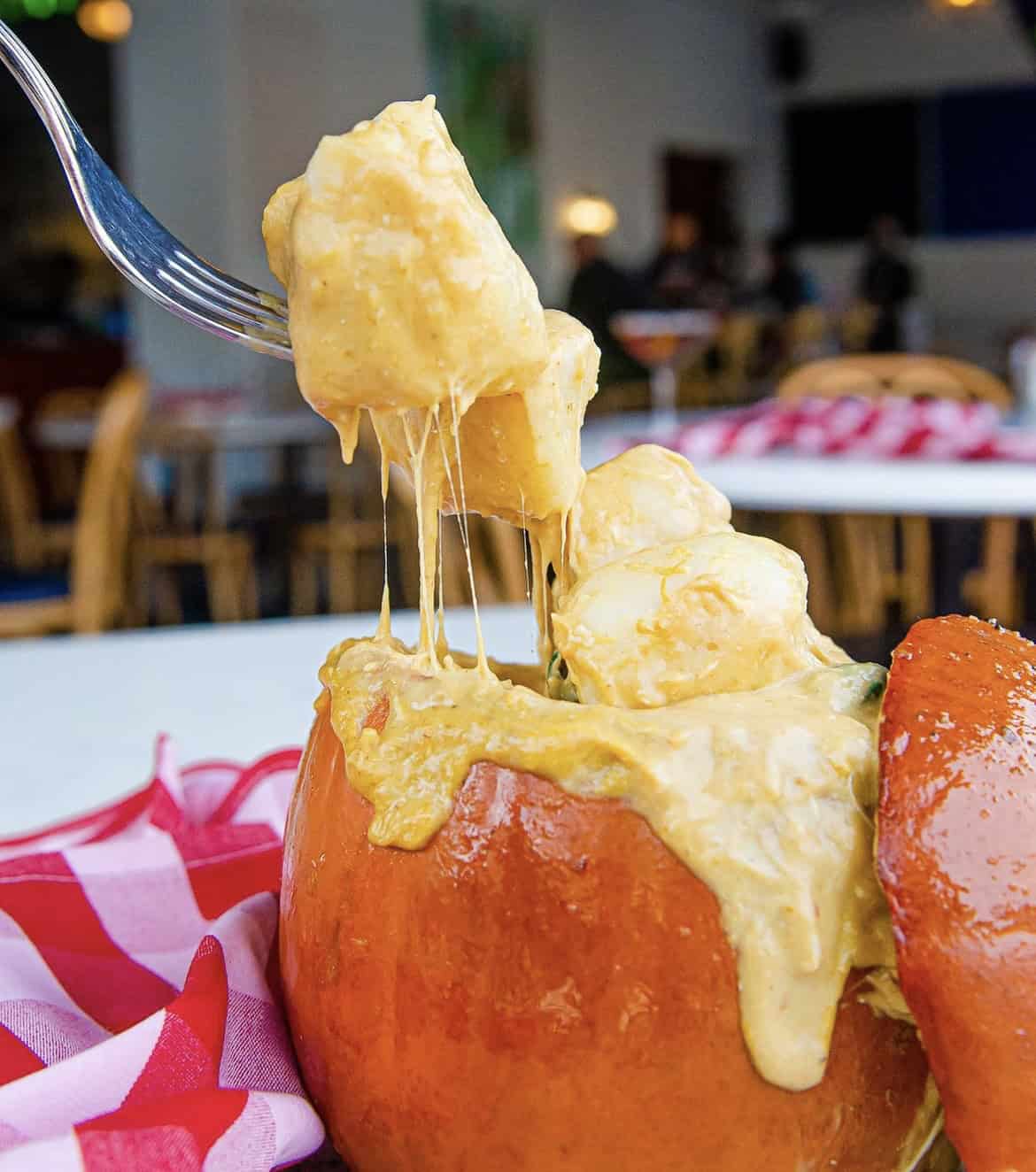 A photo of the Gnocchi Bread Bowl at DiAnoia's in a pumpkin.