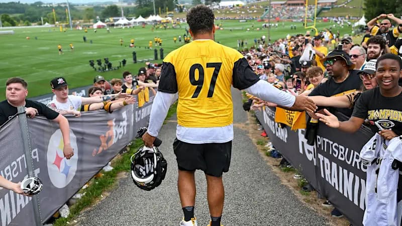 A photo from behind Cameron Heyward high fiving Steelers fans at Training Camp.