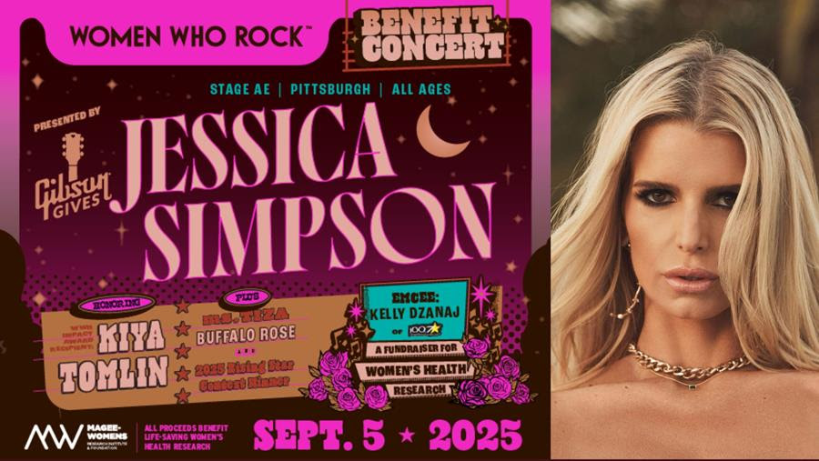 The event header for the Women Who Rock benefit concert with a photo of Jessica Simpson.