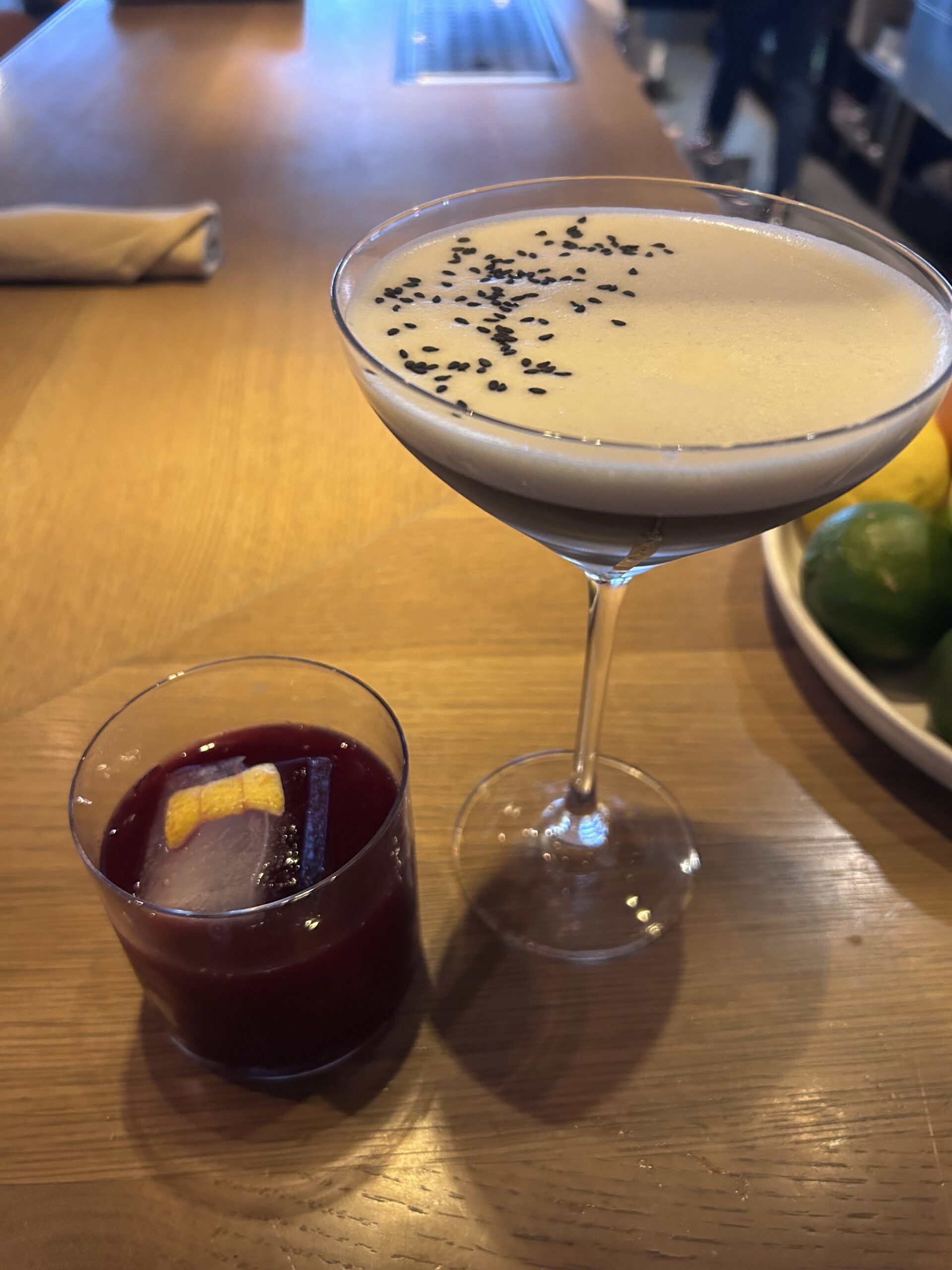 A photo of Alta Via’s Little Black Dress and Tuxedo cocktails side by side.