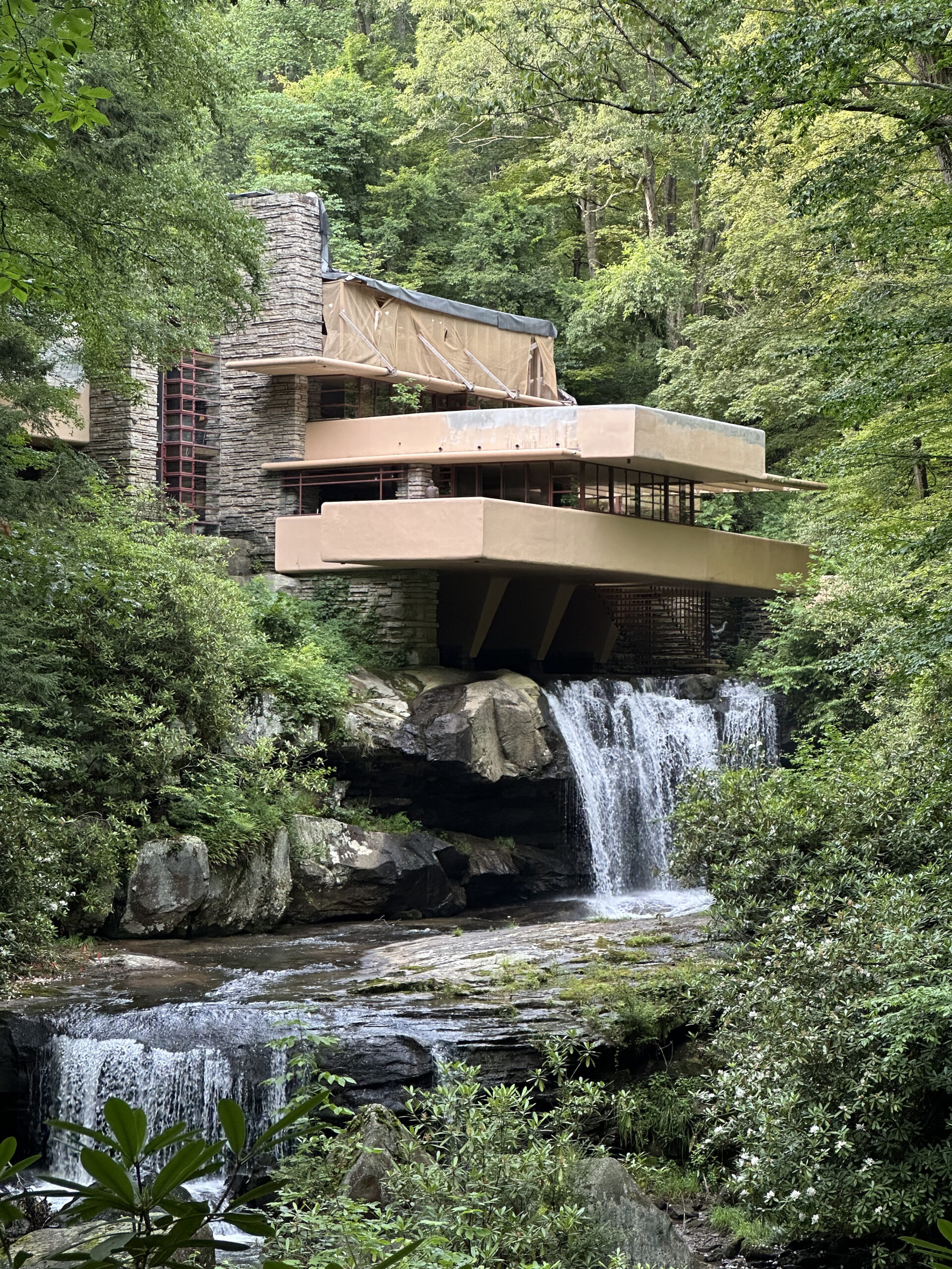 A photo of the Fallingwater house and the waterfall and nature around it.