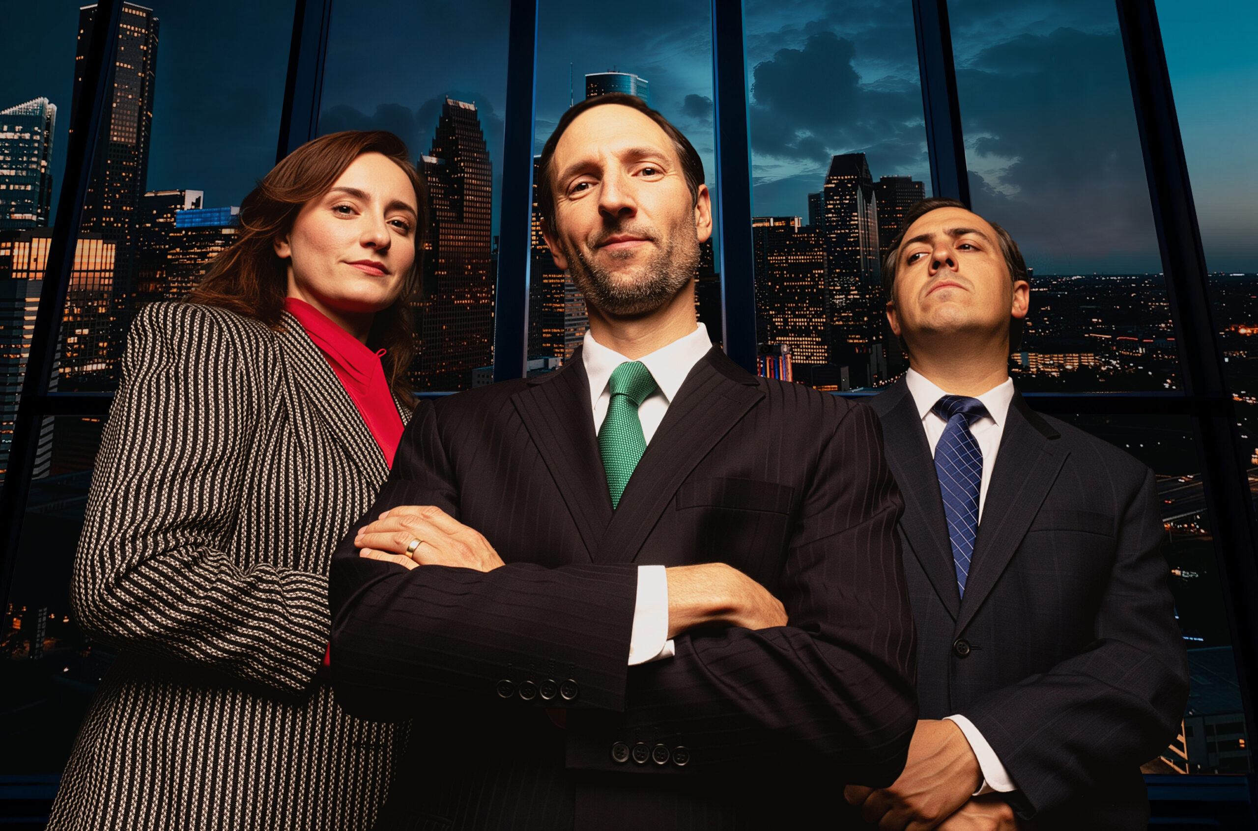 A photo of the main characters in Enron.