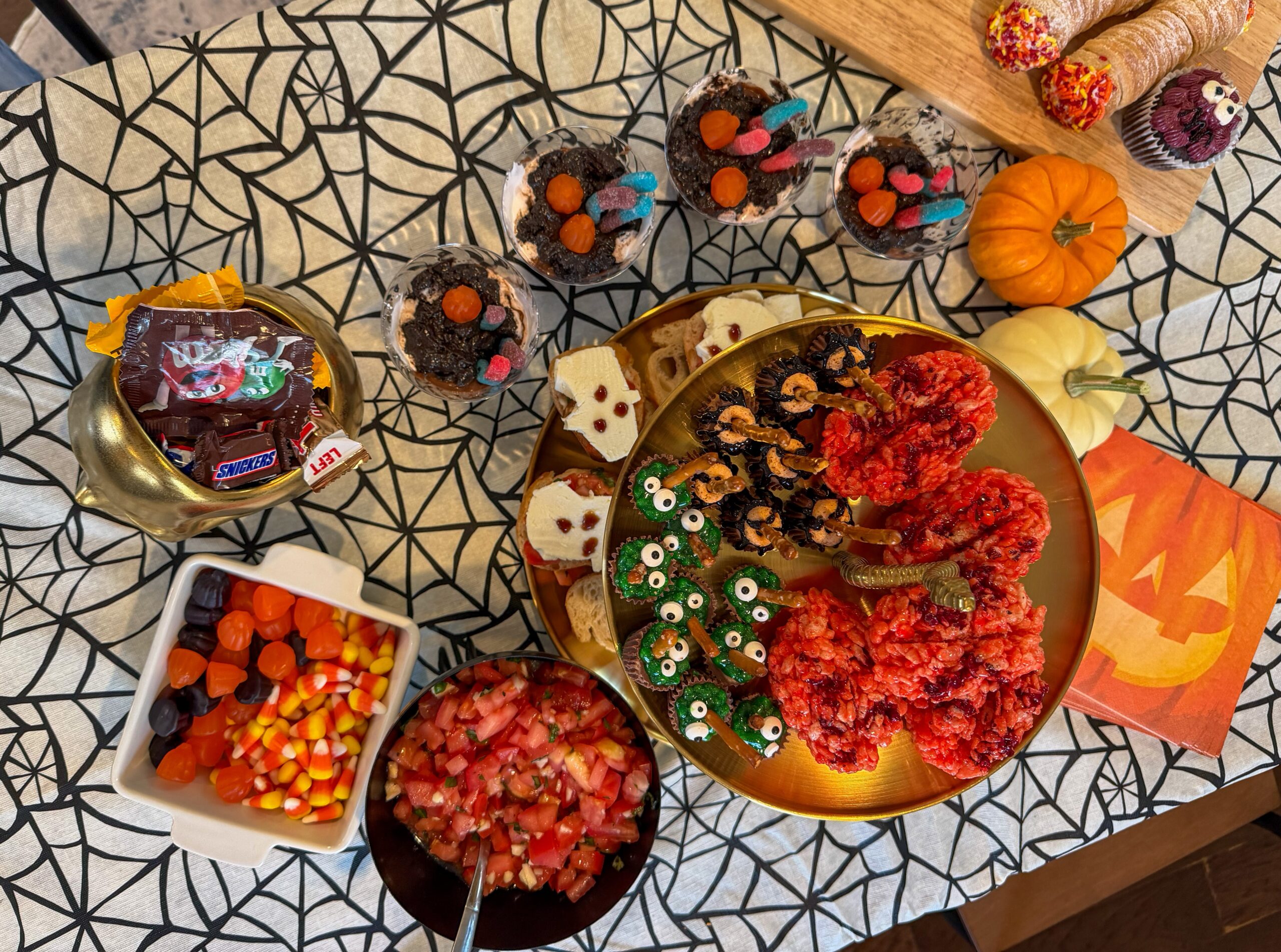 A photo of a snack spread at a Halloween party.