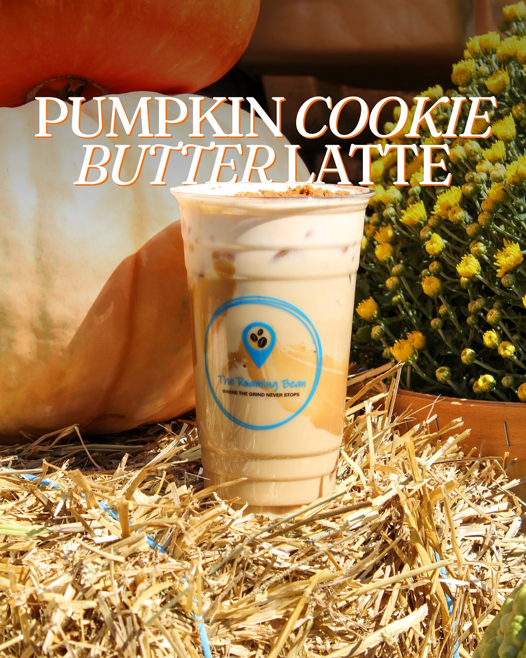 A photo of the Pumpkin Cookie Butter Latte from The Roaming Bean.